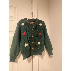Giesswein Austria Girl's Green Wool Cardigan Sweater Hearts Flowers‎ READ Sz 6